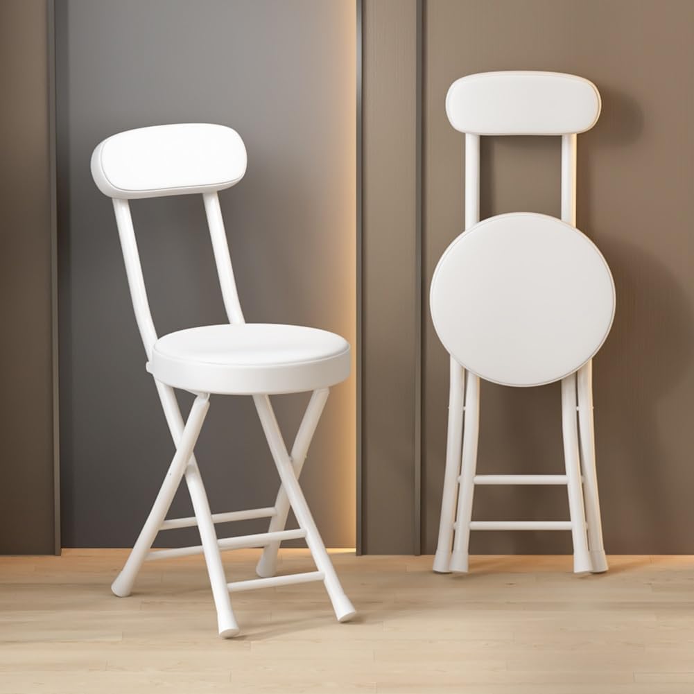 Taburete Plegable de 45cm con Respaldo y Reposapiés,Taburete de Desayuno con Asiento Acolchado Redondo Portátil para Cocina, Comedor, Oficina,Taburete de Bar Plegable (Color : Blanco)