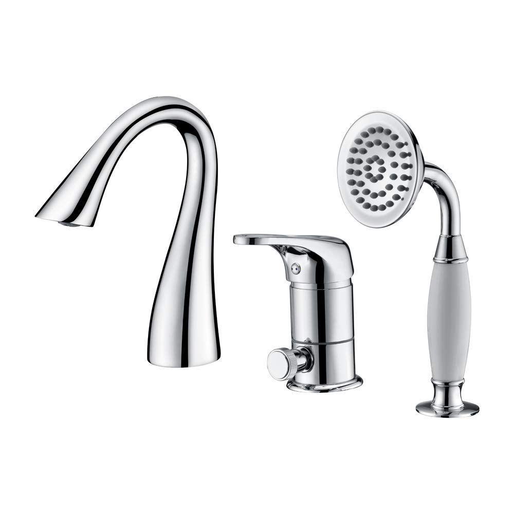 CWCQGH Tub Filler Faucet with Handheld Shower Head Widespread Tub Faucet Set Deck Mount 3 Holes Single Handle Bathtub Faucet Gooseneck Tub Tap for Bathroom,Chrome,Chrome
