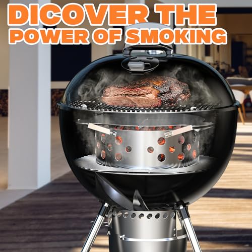Onlyfire Rauchsatz für Weber Kugelgrill 57 cm, Kohlekorb mit abnehmbarem Diffusorplatte für direkte und indirekte Hitze, Räucherkammer Grill Zubehör für Holzkohlengrills