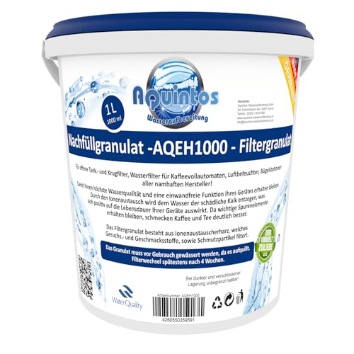 1 L Aquintos AQEH1000 Nachfüllgranulat - Filtergranulat - Ionenaustauscherharz - für offene Krug- und Tankfilter/Tischwasserfilter/Bügelstationen/Luftbefeuchter/Wasserfilter/Filterpatronen
