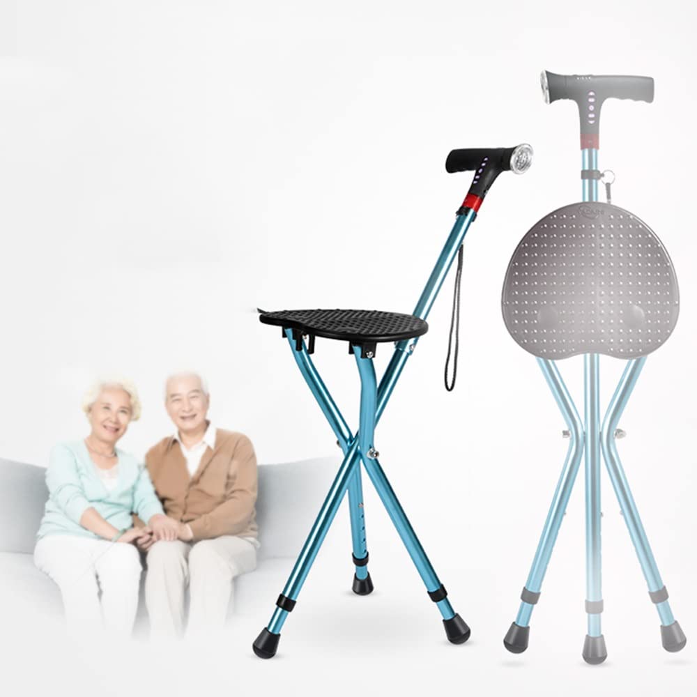KADEUX Silla Muleta Plegable, Asiento De Bastón De Aluminio con Luz, Bastón Plegable con Asiento para Personas Mayores, Bastón para Hombres Que Caminan, Altura Ajustable