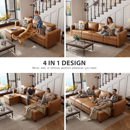Image of ABCASA Faux Leather Sectional Couch, 118.5 inch 6 Seater U Shaped Modular Leather Sofa with Movable Ottoman and Storage Seat with Reversible Chaise Deep Seat for Living Room Brown