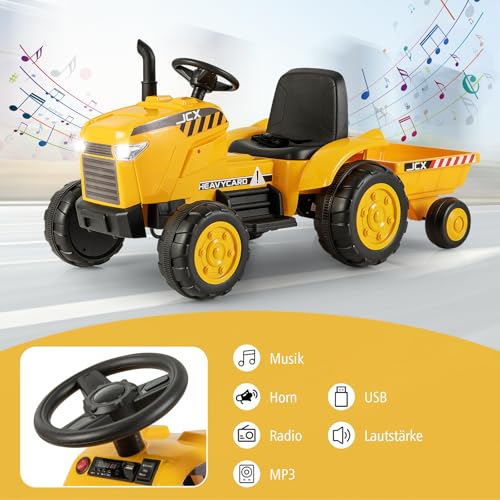 COSTWAY 12V Traktor mit Abnehmbarem Anhänger, Kindertraktor Elektrisch mit 2,4G Fernbedienung & Lichtern & Hupe & USB & MP3, Elektro Traktor für Kinder ab 3 Jahren (Gelb) – Bild 6