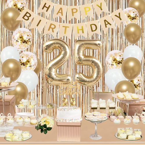 Image of Trgowaul 25th Birthday Decorations for Women, Banner, Sash and Crown, Cake Topper, 25 Number Balloon, Fringe Curtains, Champagne Gold 25th Birthday Party Supplies