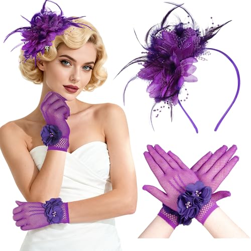 Fascinators Hats for Women and Tea Party Gloves Set Headband with Feather Pearl Veil for Wedding Cocktail Dresses (Purple One Size)