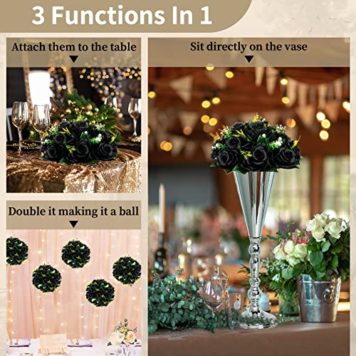 Image of NUPTIO Black Roses Artificial Flowers Pcs of 10 Fake Flower Bouquet Black Hydrangea Flowers Artificial, 15 Heads Fake Roses with Base, Real Looking Black Artificial Flowers (Black)