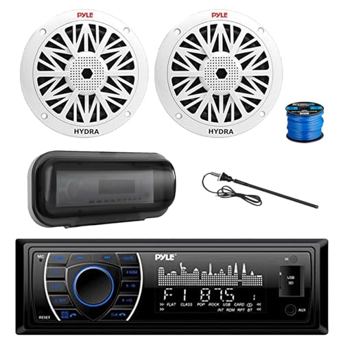 Pyle PLRMR27BTB Marine Bluetooth MP3 Radio Receiver, Radio Cover, 2X 6.5 200 Watt Peak Full Range 2-Way Waterproof Audio Speakers w/Wire, Long Range Antenna