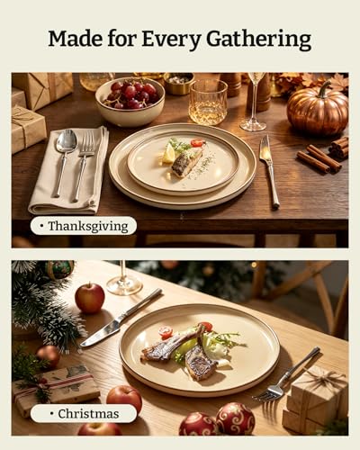 Image of Famiware Milkyway Stoneware Dinnerware Set, 12-Piece, Double Reactive Glaze, Plates and Bowls, Service for 4, Microwave and Dishwasher Safe, Scratch-Resistant, Milk Tea