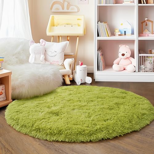 3'x3' Grass Green Round Rug for Bedroom, Ultra Soft Fluffy Circle Rug for Kids Girls Boys Room, Cute Small Shag Rugs for Living Room Playroom Tent Castle Home Decor Rug