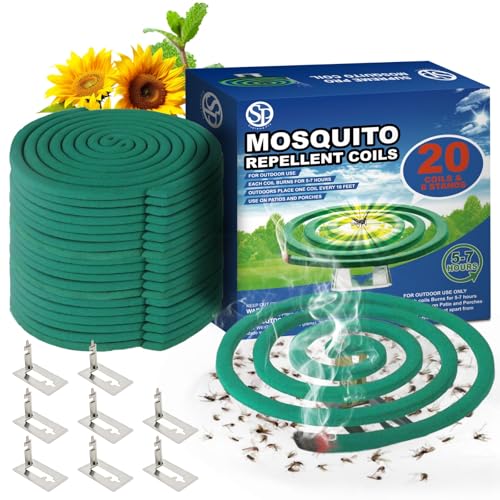 Natural Essential Oil Scented Coils - Outdoor Use Reaches Up to 10 feet - Each Burns for 5-7 Hours (20 coils & 8 Coil Stands) for Patio Backyard