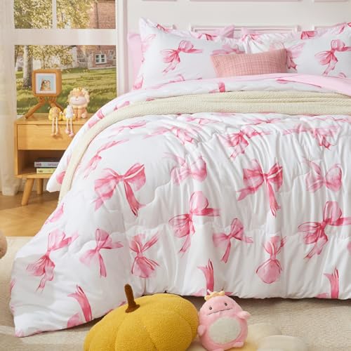 Wajade Pink Bow Double Duvet Set with 2 Pillowcases Coverless Duvet with Pink Bow Pattern Washable Reversible All Seasons Lightweight Warm - 200 x 200cm
