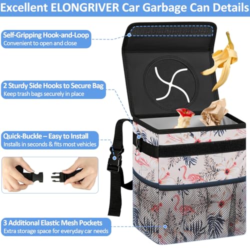 Image of ELONGRIVER Car Trash Can Bin for Back Seat Leak Proof, Cute Car Trash Bag Hanging, Vehicle Trash Can for SUV Truck Van, Automotive Garbage Cans Front Seat Flamingos, 2 Gallons