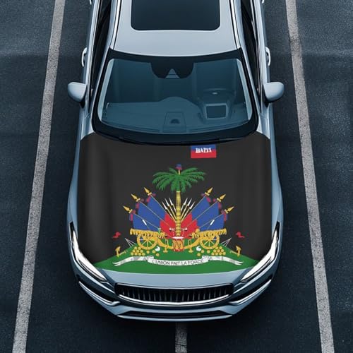 Image of Renewold Flag of Haiti Pattern Car Hood Cover for Automobile Vehicle Hood Protector Party Festival Celebration Decor Outdoor Wrap Blanket Exterior Car Accessories Gift for Women Men