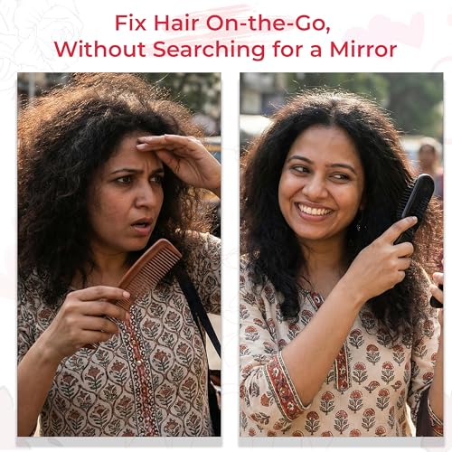 Image of TEMPERIA Foldable Pocket Hair Comb with Built-In Mirror for Women | Compact Folding Comb for Travel, Purse & On-the-Go Grooming | Portable & Easy to Carry (CB582)