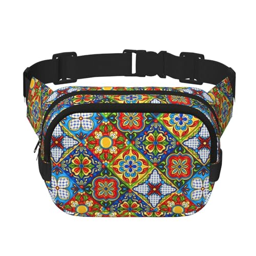 Riñonera cuadrada de doble capa con diseño de azulejos de cerámica mexicana con correa ajustable para correr, viajar, senderismo, negro, talla única, negro, talla única, Black, Talla única
