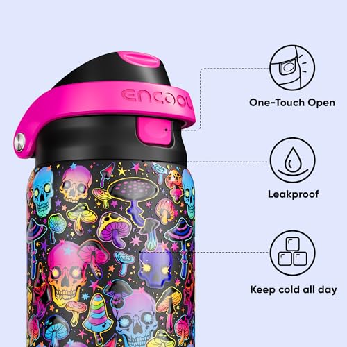 Image of Encool SwiftSip Insulated Stainless Steel Water Bottle with Straw - Leak Proof Sports Water Bottle for School, Travel, Keeps Cold All Day, One-Touch Flip Lid, BPA-Free, 32 oz, Trippy Skulls