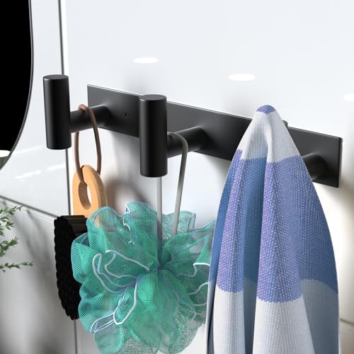 Image of VAEHOLD Black Hat and Coat Wall Mount Rack - 3 Hooks for Robes, Bags, Keys, and Towels - Bathroom Towel Hanger Organizer (2 Pack)