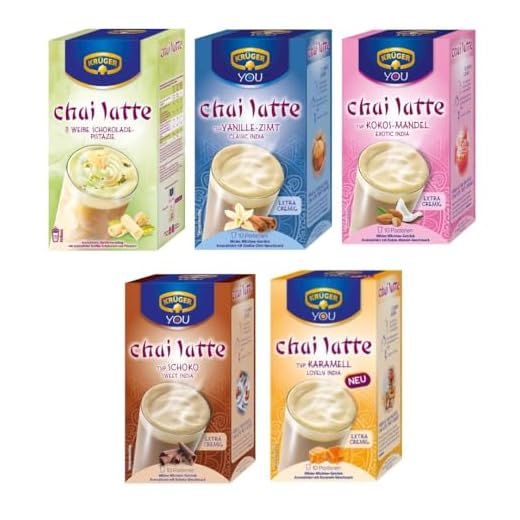 Krüger Chai Latte Probierpaket 5x 250g – Weißer Schoko-Pistazie, Vanille-Zimt, Kokos-Mandel, Karamell, Schoko – Instant Tee Mix für heiße Milchgetränke