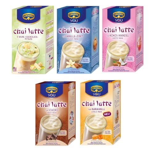 Krüger Chai Latte Probierpaket 5x 250g Weißer Schoko-Pistazie Vanille-Zimt Kokos-Mandel Karamell Schoko Instant Tee Mix für heiße Milchgetränke
