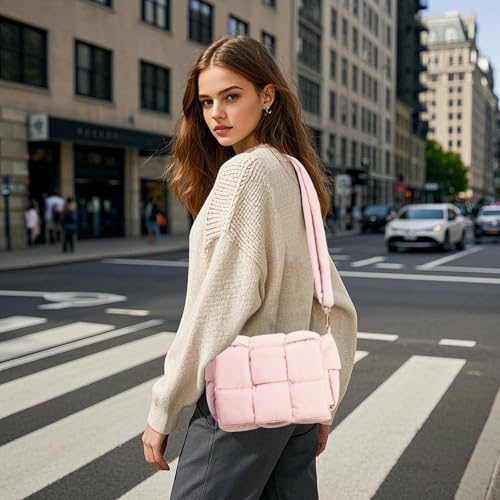 Image of Shoulder Bag Lightweight Puffer Tote Crossbody Bag Handwoven for Women | waterproof nylon, durable, soft padded texture, versatile for travel, work, weekend, everyday, adjustable strap