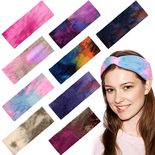 9 Pieces Tie Dye Headbands Vintage Turban Head Wraps Boho Elastic Yoga Sport Wide Headbands for Women Hair Accessories