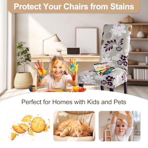 Image of SearchI Dining Room Chair Covers Set of 4, Stretch Printed Floral Parsons Chair Slipcovers Removable Washable Kitchen Chair Protector Cover for Dining Room, Hotel, Ceremony (Flower Pattern8)