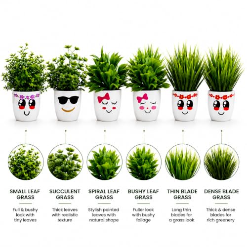 Image of Artificial Smiley Face Plant Pots with Artificial Plants | Cute Mini Flower Pots for Home Decor, Office Desk, Study Table, Living Room, Balcony | Indoor Planter Set | Pack of 6