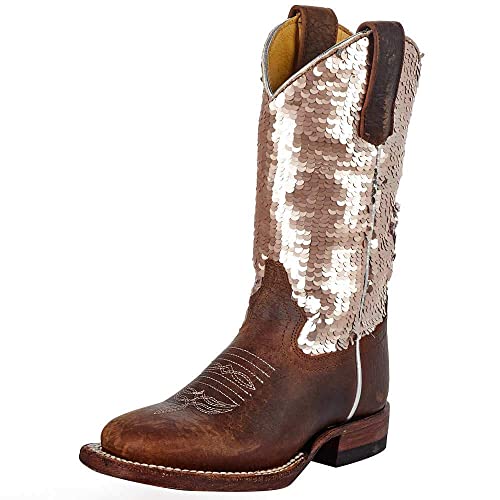 Macie Bean Girls' Sequin Distressed Bison Leather Western Boot Square Toe - Mk9153