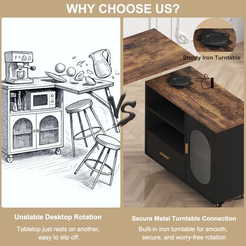 Image of HSH Rolling Kitchen Island with Seating & Storage with Wheels, Rustic Brown | 72 inch Large kitchen island, 360 swivel & extendable table, movable island Cart with cabinet, drawer and shelves for Kitchen