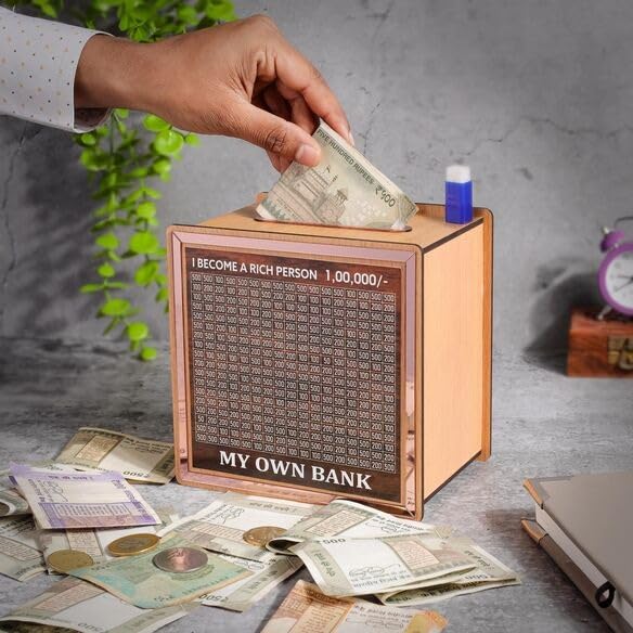 Laser Art Wooden Piggy Bank for Kids & Adults, Coin Box with Carved Design, Savings Box, Mini Bank, Donation Box, Smart Money Box, Wooden Coin Box, Money Saver, Piggy Bank with Numbers