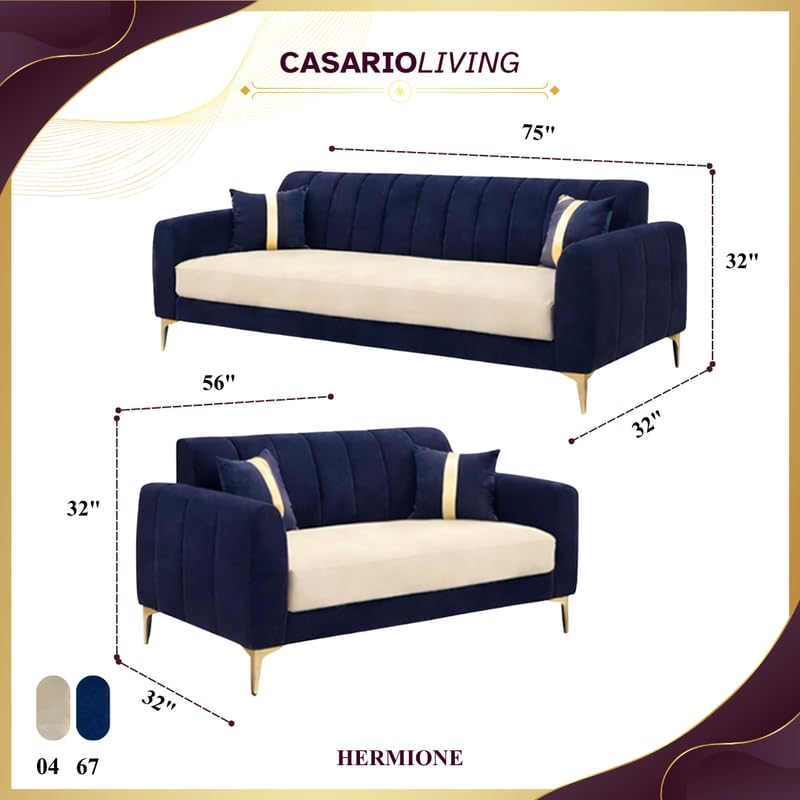 Image of Hermione Luxe Velvet-Suede Fabric 3 Seater + 2 Seater Sofa Set | Golden Legs | Comfortable & Spacious Seating | Modern Sofa Set for Living Room - Dark Blue & Cream