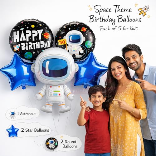 Image of Propsicle Astronaut Space Theme Foil Balloon Set with Blue Star and Round Happy Birthday Balloons for Kids Birthday Decoration Pack of 5, Air & Helium Support