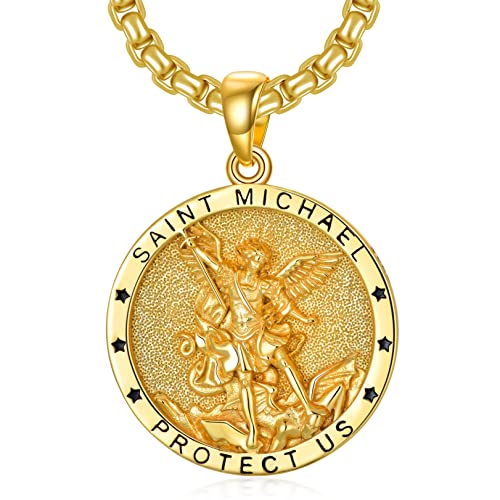 14k Yellow Fake Gold St Michael Necklace for Men 925 Sterling Silver Round Saint Archangel Michael Medal Medallion Protection Jewelry Fathers Day Gift