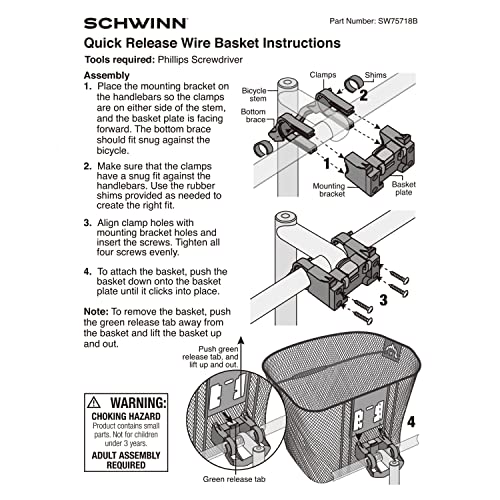 Schwinn SW75718B-3 Quick Release Wire Basket, Easy Assembly Fits Most Adult Bike Handlebars thumb #6