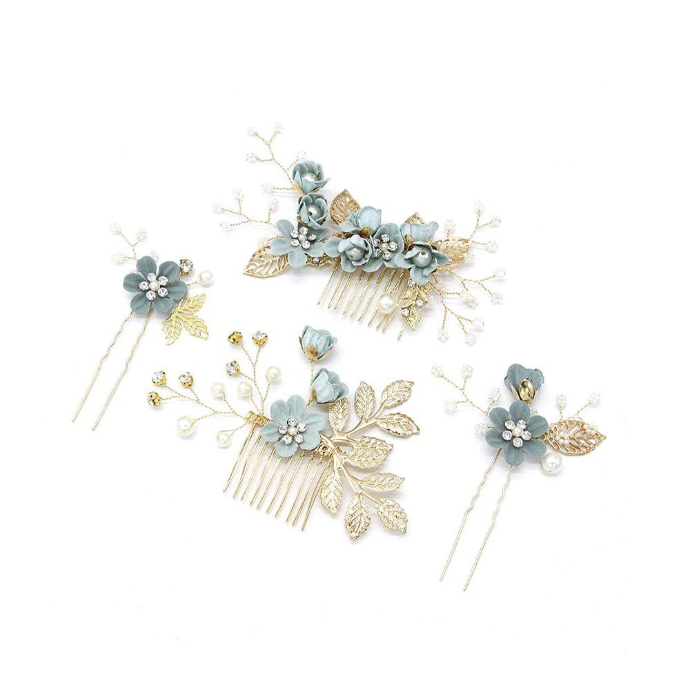 Peine para el Cabello de Boda, 1 Juego Tocado Floral para Novia Horquillas Decorativas con Perlas de Diamantes de Imitación Accesorios para el Cabello para Novias Damas de Honor Niñas (Verde)