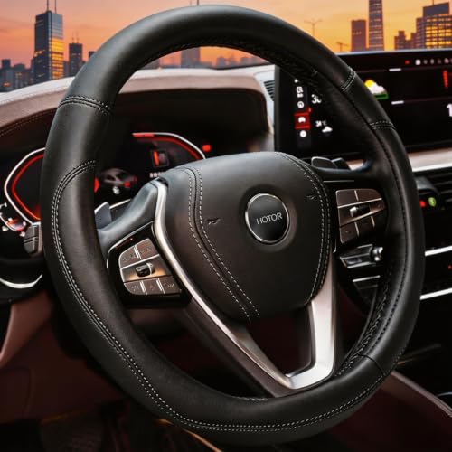 HOTOR Car Steering Wheel Cover - Universal Car Accessory for Diverse Cars Leather Cover with Anti-Slip Lining for Steering Wheel with a Diameter of 14.5-15 Black