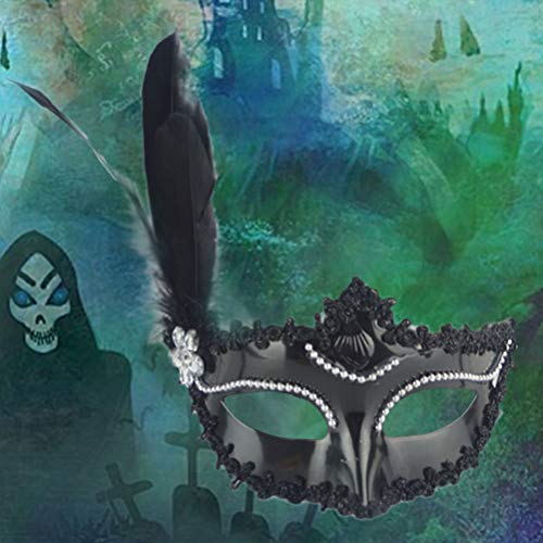 Amosfun Máscara facial feminina de Halloween, fantasia de Halloween, festa de máscaras, penas, másca