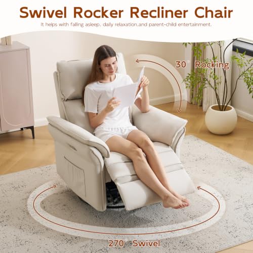 Image of Swivel Rocker Recliner with Auto Rocking,Power Recliner Nursery Chair with Massage and Heat,Glider Recliner Nursery Chair for Living Room,Beige