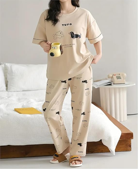 Image of Womens Night Dress Pajama Set Soft Stretchable Spandex Nightwear Night Suit Ladies Loungewear Sleepwear Two Piece Top and Pyjama Set for Women