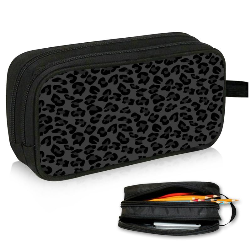 Image of WOBAGMEN Double Layer Pencil Case with Handle Large Pencil Bag Cute Print Pencil Pouch for Boys Girls (Black Leopard)