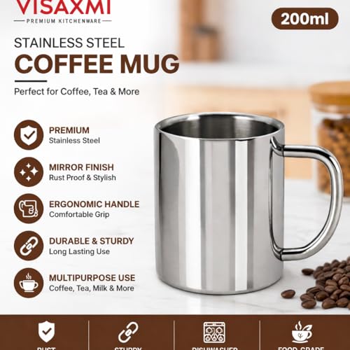 Image of Stainless Steel Coffee Mug Set of 2 | Tea Cups & Coffee Mugs 200 ml | Double wall Hot and Cold Drinks Mugs with Handle | Unbreakable Rust Proof Steel