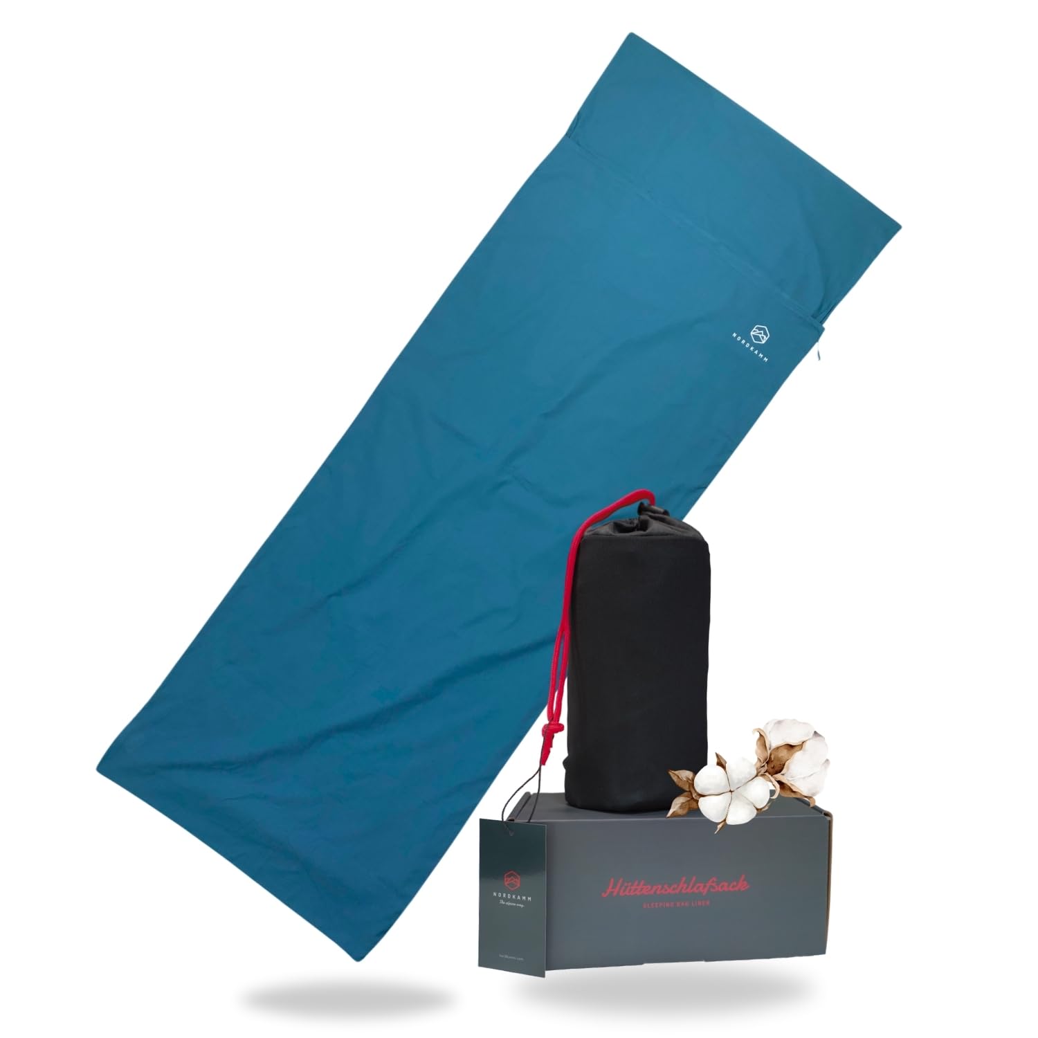 NORDKAMM® Hüttenschlafsack aus Baumwolle Ultraleicht (360 g), waschbares Schlafsack Inlett (210 x 80 cm), Hüttenschlafsack leicht kombinierbar, Schlafsack leicht kleines Packmaß, Sleeping Bag Liner