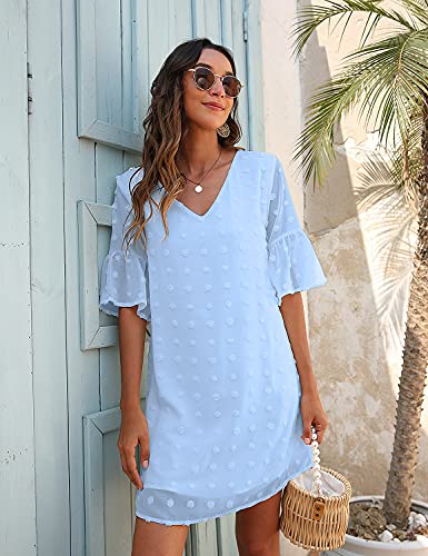 Image of Blooming Jelly Womens White Dresses Short Sleeve V Neck Ruffle Cute Sun Dress Chiffon Flowy Shift Mini Dress
