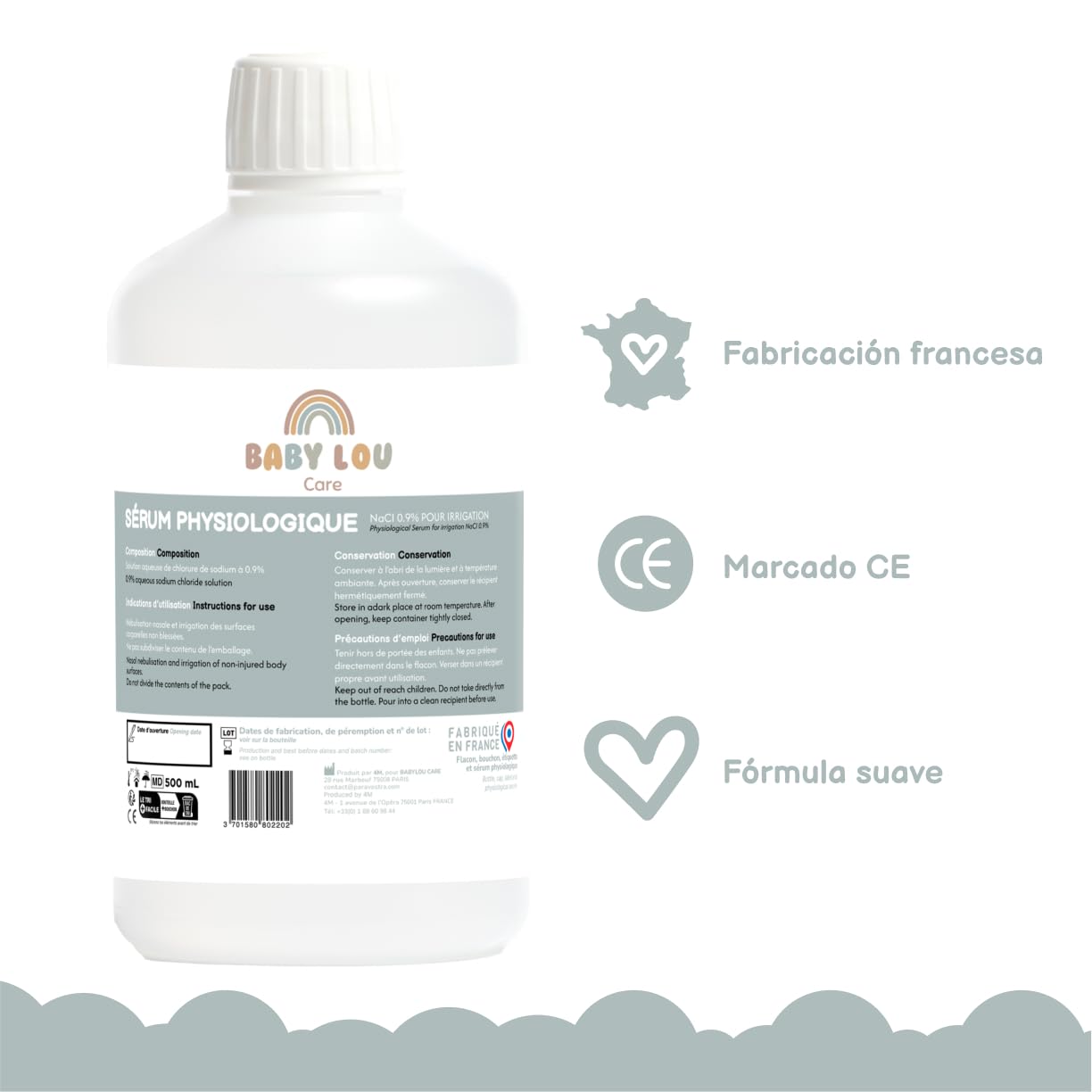 Suero fisiológico en botella 4x500ml | NaCl 0,9% | Fabricado en Francia | Lavado de fosas nasales | Higiene nasal | Para irrigación externa