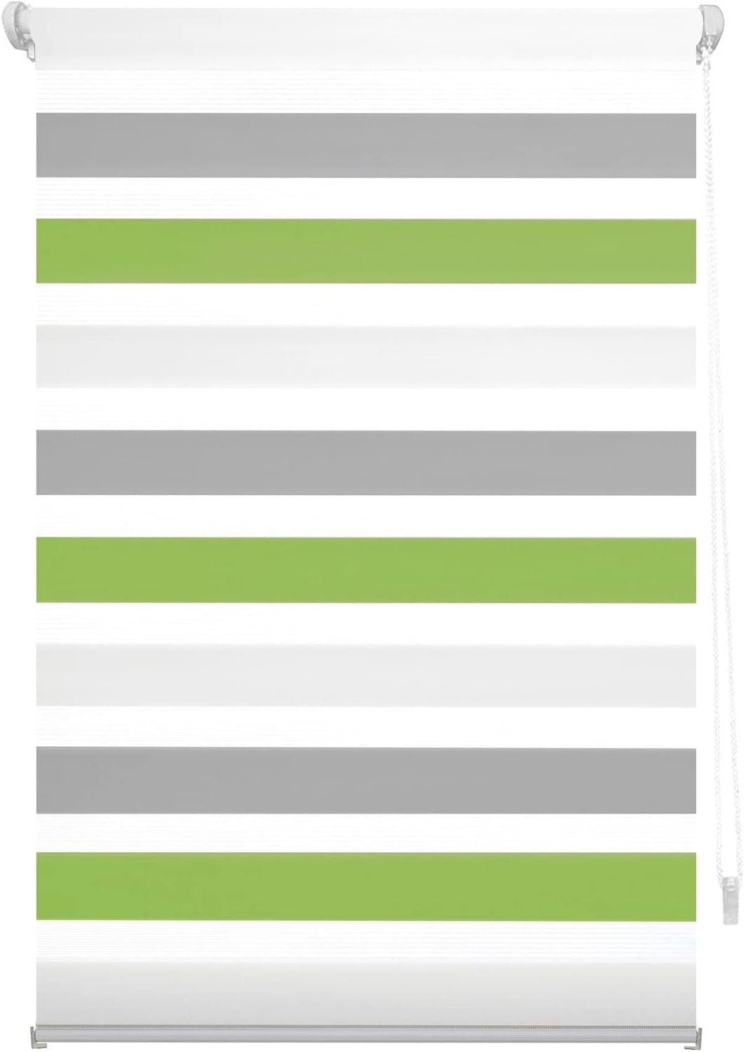 Blindecor Indus estor tricolor Sin Taladrar | Estor enrollable de doble capa | Estores tricolor Noche y Día, Gris, Pistacho | Estor 120 x 180 cm (ancho x largo) | Tamaño de la Tela 117 x 175 cm