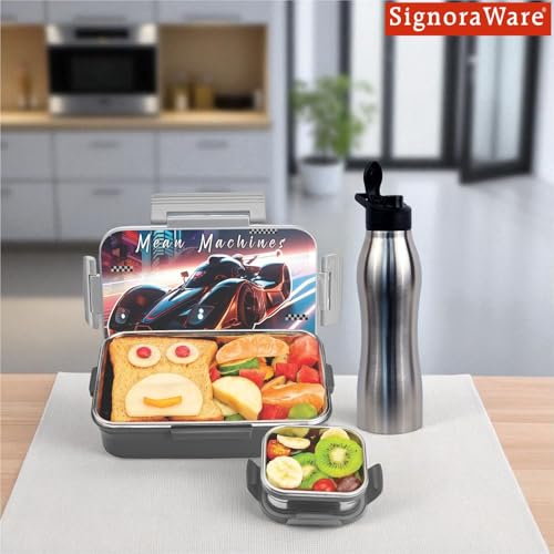 Image of SIGNORA WARE Delight C Nugget Stainless Steel Printed Lunch Box Set for Kids | Airtight Lid with Clip Lock | Compact & Sleek Size | Great for Picnics & Outdoors (700ml + 130ml + 750ml Bottle | Grey)