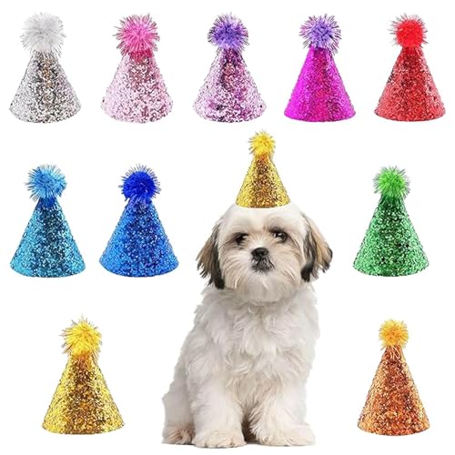 10 Pcs Dog Birthday Hat Set for Small Medium Dogs Cat Puppies Mini Party Hat with Adjustable Headbands Cute Pet Hat with Pompons for Birthday Christmas Party Decoration Accessories (Small 4 Inch)
