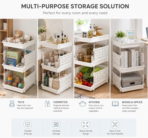 Image of KITCHIVO Multipurpose Storage Rack Organizer with Stainless Steel Pipes | Heavy Duty Plastic Shelf Stand for Kitchen, Bathroom, Laundry & Pantry (White, 3 Layer)