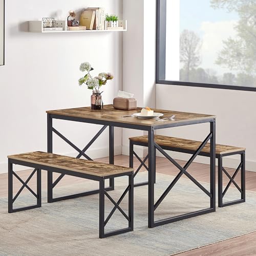 VECELO Kitchen Table with 2 Benches for 4, Wood Dining Room Dinette Sets for Breakfast Nook and...