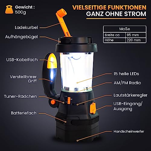 SELBST-SICHER 4in1 LED Laterne aufladbar | Notfallradio | Powerbank | Handyladegerät | SOS-Sirene | optimal bei Stromausfall, Blackout, Camping und Freizeit